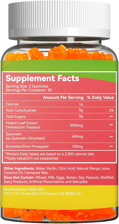 3000MG Mullein Gummies, Extra Strength Mullein Leaf Extract with Quercetin, Bromelain for Lung Detox & Immune Support, Mango Flavor, 60 Count