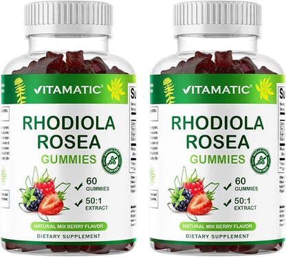 Vitamatic Rhodiola Rosea Gummies – Sugar-Free Plant-Based Extract – Mixed Berry Flavor – Vegan, Non-GMO – Adaptogen Supplement Gummies – 60 Count