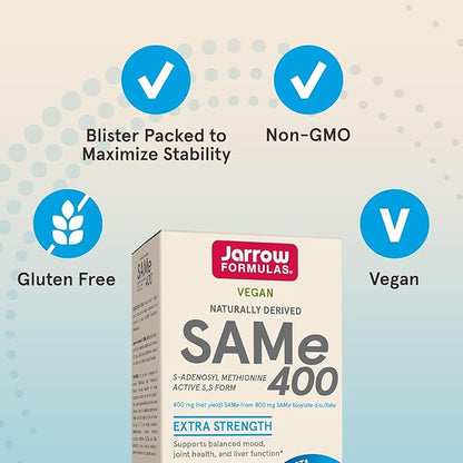 Jarrow Formulas Same Supplement 400 mg - 60 Tablets - High Concentration of Active S,S Form - Supports Joint Health, Liver Function, Brain Metabolism - 60 Servings (Pack of 2)