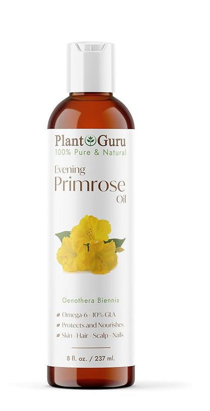 Plant Guru Evening Primrose Oil 8 fl. oz. Cold Pressed 100% Pure Natural Carrier - Skin, Face, Body and Hair Growth Moisturizer. Great For DYI Soap Making, Creams, and Lip balms.