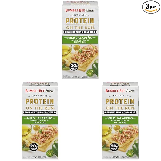 Bumble Bee Prime Protein on the Run Tuna Snack Kit - Gourmet Tuna Marinated in Olive Oil & Mild Jalapeno with Crackers and Serving Utensil - 20g of Protein Per Serving (Pack of 3), Easy Open Cans