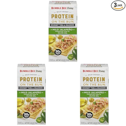 Bumble Bee Prime Protein on the Run Tuna Snack Kit - Gourmet Tuna Marinated in Olive Oil & Mild Jalapeno with Crackers and Serving Utensil - 20g of Protein Per Serving (Pack of 3), Easy Open Cans