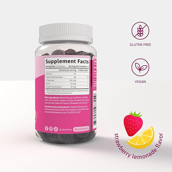 BeLive PMS Support Gummies Supplement – Helps Relieve PMS Symptoms – Hormonal Balance Mood Swings & Cramps Relief, Bloating Support – with Chaste Tree Extract - Strawberry Lemonade Flavor – 60 Count