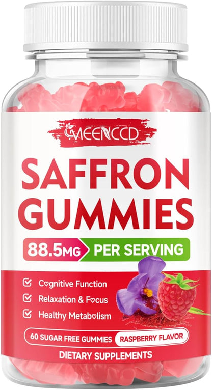 MEENCCD Saffron Gummies for Kids & Adults - Saffron Supplements with Magnesium, L-Theanine, Rhodiola, Sugar-Free, Raspberry Flavor, 60 Count