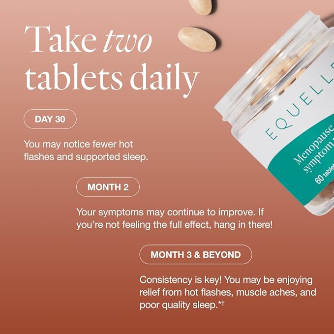 EQUELLE Multi-Symptom Perimenopause & Menopause Relief Relief from Hot Flashes, Muscle Aches & Supports More Sleep. Hormone-Free, Plant-Based S-Equol – 2 Month Supply (120 Tablets)