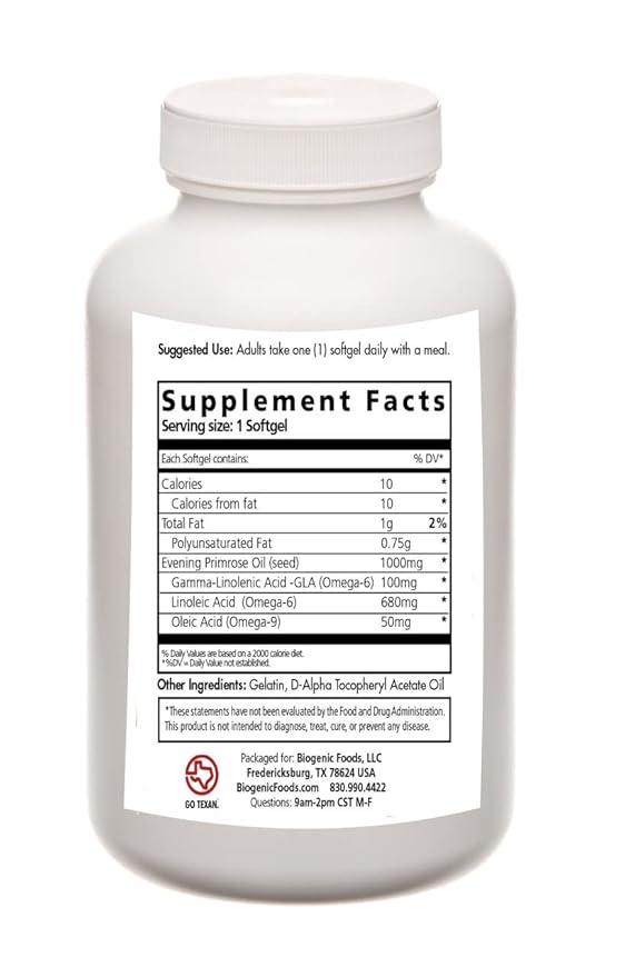Evening Primrose Oil - Cold Pressed 100 mg of Natural Sourced GLA - 1,000 mg