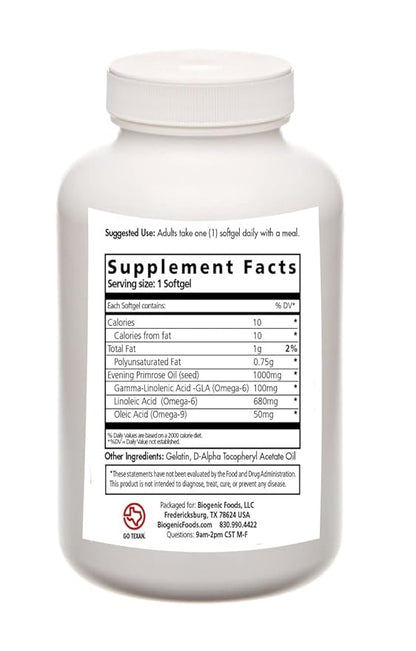 Evening Primrose Oil - Cold Pressed 100 mg of Natural Sourced GLA - 1,000 mg