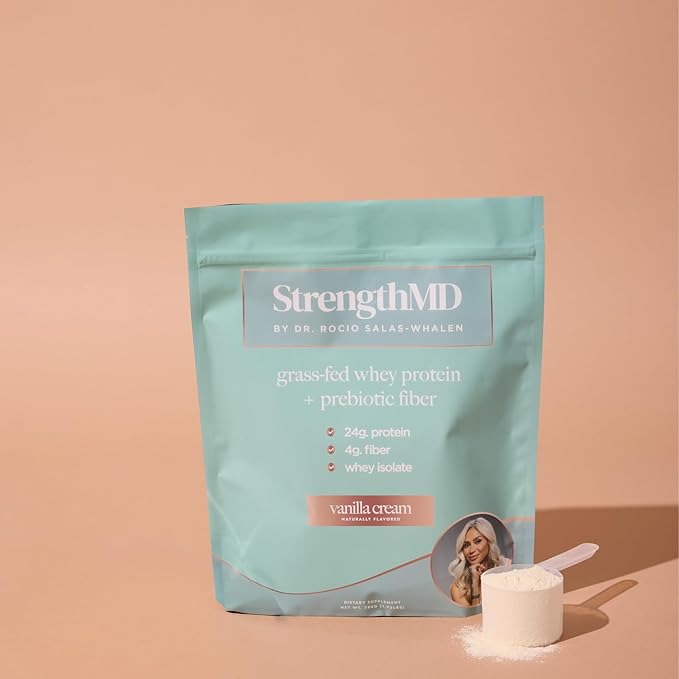 StrengthMD Physician Formulated Protein + Fiber Shake for GLP-1 Support | 24g Protein Grass-Fed Whey, 4g Fiber & Digestive Enzymes, Low Carb, No Added Sugar, Vanilla, 1.72 lb