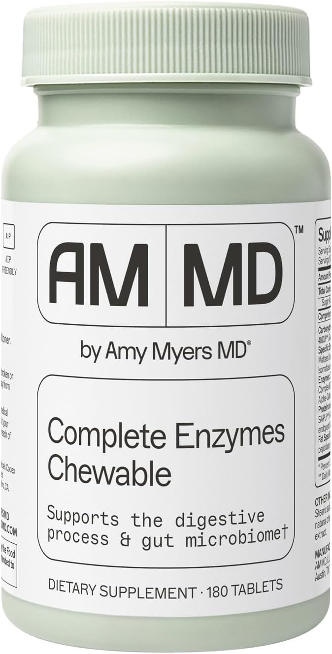 Amy Myers MD Digestive Enzymes Chewable – Complete Enzymes Support Leaky Gut, Acid Reflux, Gas, Bloating, Gluten Exposure – Amylase, Lipase, Lactase, Alkaline, Protease, Sucrase + More – 180 Tablets