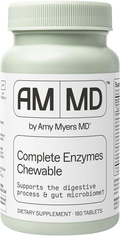 Amy Myers MD Digestive Enzymes Chewable – Complete Enzymes Support Leaky Gut, Acid Reflux, Gas, Bloating, Gluten Exposure – Amylase, Lipase, Lactase, Alkaline, Protease, Sucrase + More – 180 Tablets