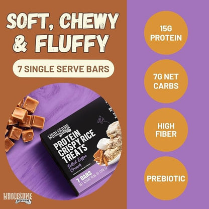 Protein Crispy Rice Treats, 15g Protein, 3g-7g Net Carbs, Low Carb, Fluffy, Soft, Chewy, Gluten Free, High Fiber, Keto-Friendly, No Aftertaste (Salted Toffee Crunch, 3 Pack)
