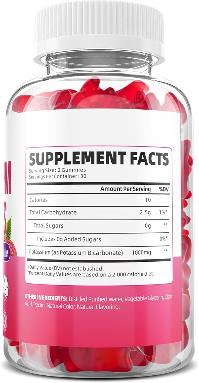 2 Pack Potassium Gummies 1000mg, Potassium Bicarbonate Supplement for Adults & Kids, Support Electrolyte Balance & Muscle Heath, Sugar-Free, Raspberry Flavor, 120 Count