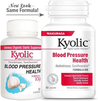 Kyolic Aged Garlic Extract Formula 109 - Blood Pressure Health Support - Cardiovascular Formula - Odorless Herbal Supplement - 80 Capsules (40 Servings)