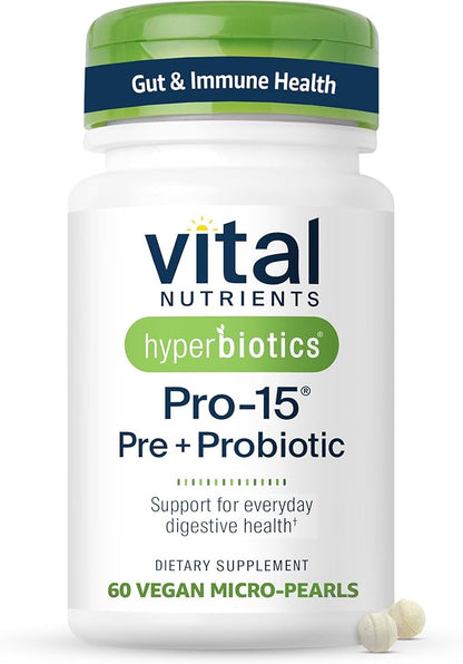 Hyperbiotics Vital Nutrients Pro-15 Prebiotics and Probiotics for Women and Men | 15 Science Backed Strains | Supports Occasional Constipation, Diarrhea, Gas & Bloating | 60 Vegan Time Release Pearls