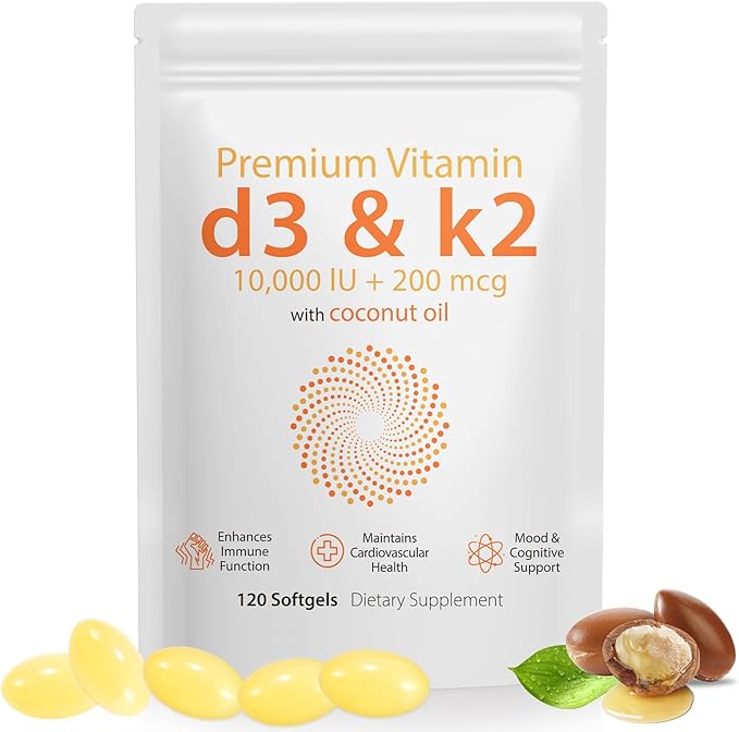 Daiasns Vitamin D3 K2 10000iu Supports Muscle & Brain Health -High-Potency D3 K2 Supplement Helps in Immune and Cardiovascular Support - 120 Softgels