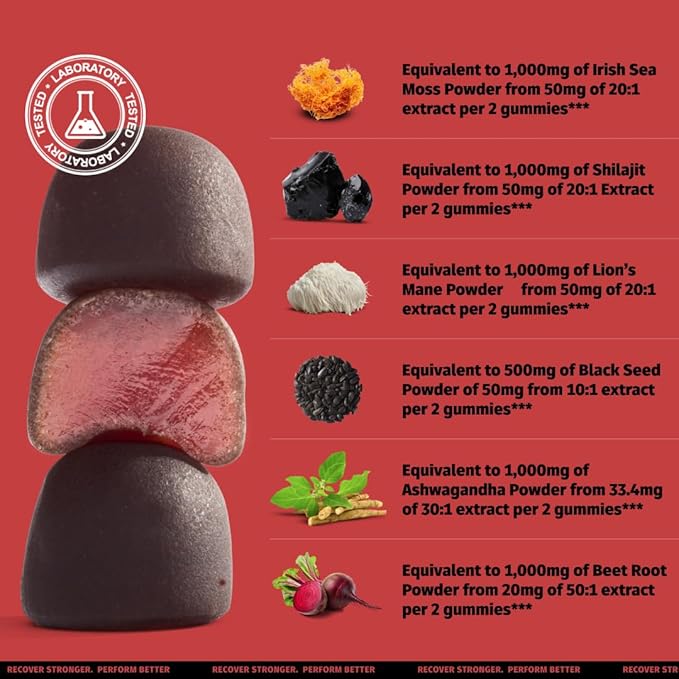 Coach Soak Shilajit Gummies 6-in-1: Tasty Raspberry Watermelon Flavor with Ashwagandha, Lion’s Mane, Irish Sea Moss, Beet Root & Black Seed Oil - Lab Tested Pure Shilajit for Men and Women | 60 ct