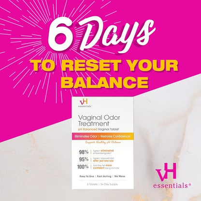 vH essentials Vaginal Odor Treatment - pH Balanced Vaginal Suppositories - 6 Tablets With Applicator, White