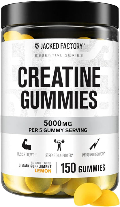 Jacked Factory Creatine Gummies 5g Daily Dose (1g per Gummy) - Creatine Gummy for Men and Women, Vegan-Friendly, Travel-Friendly, Third-Party Tested - 150 Gummies, Lemon