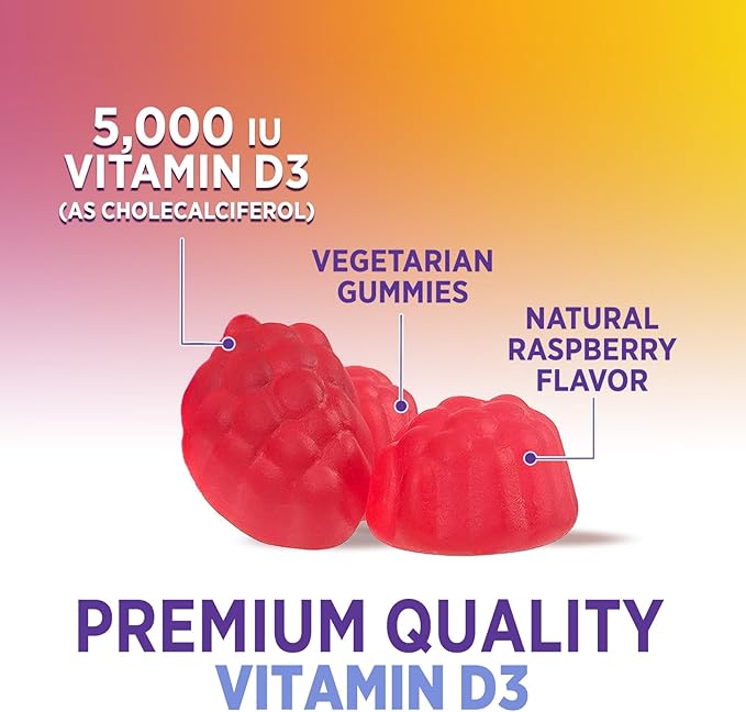 Vitamin D3 Gummies 125 mcg (5000 IU) Per Serving - 3X Strength Immune Support & Bone Support, Vitamin D Gummy Dietary Supplement, Nature's Berry D Vitamin Supplement, Raspberry Flavored - 120 Gummies