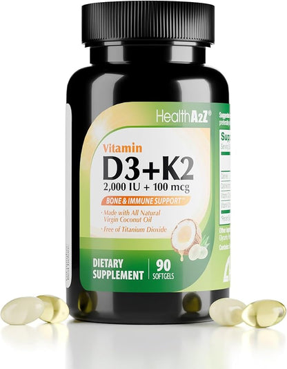 HealthA2Z® Vitamin D3 (2,000 IU) + K2 (MK-7) Made with Virgin Coconut Oil (Natural MCTs) - 90 Softgels (Pack of 1) - Helps Calcium Absorption for Bones, Teeth, Mood & Immune Health