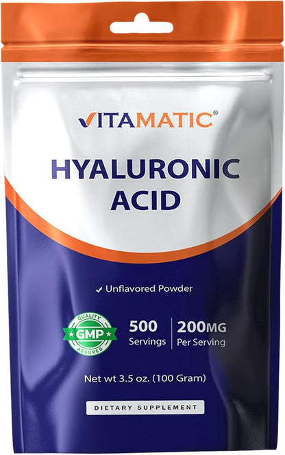 Vitamatic Hyaluronic Acid Powder 200mg - Supports Healthy Connective Tissue and Joints - Promote Youthful Healthy Skin - 100 Gram