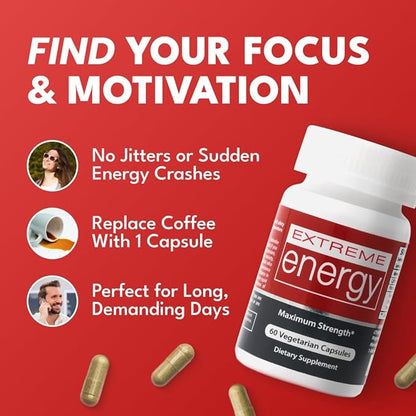Herbal Nitro Extreme Energy Pills - 6 to 10 Hour Boost, No Crash or Jitters Maximum Strength Natural Energy Supplement for Women & Men - Fatigue, Focus & Motivation (60 Count)