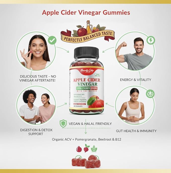 Apple Cider Vinegar Gummies with The Mother – Organic ACV + Pomegranate, Beetroot & B12 – Digestive, Detox & Energy Support – Vegan, Halal – 60 Gummies