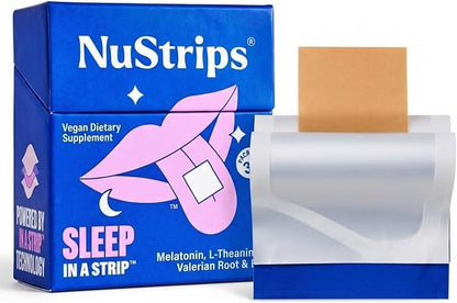 NuStrips™ Fast-Dissolving Sleep Strips with 5mg Melatonin, Valerian Root, L-Theanine & Vitamin B6 – Blueberry Flavor - Natural Sleep Aid, Vegan, Non-GMO, Gluten Free – Fall Asleep Fast (30 Strips)