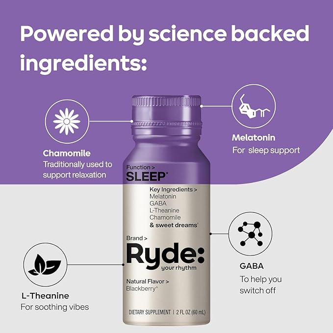 Ryde Discovery Pack | Energize, Focus, Relax & Sleep Shots | Green Tea Caffeine, Ginseng, B Vitamins, L-Theanine, Lemon Balm, Chamomile, Melatonin | 0 Calories, 0 Sugar | Variety Pack (8 Pack)
