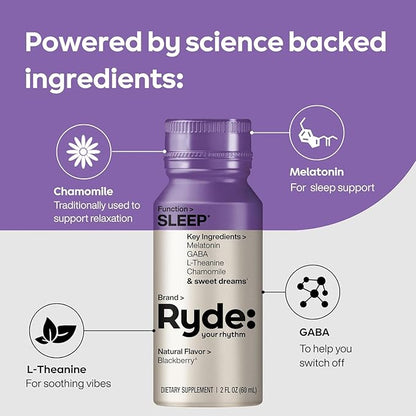 Ryde Discovery Pack | Energize, Focus, Relax & Sleep Shots | Green Tea Caffeine, Ginseng, B Vitamins, L-Theanine, Lemon Balm, Chamomile, Melatonin | 0 Calories, 0 Sugar | Variety Pack (8 Pack)