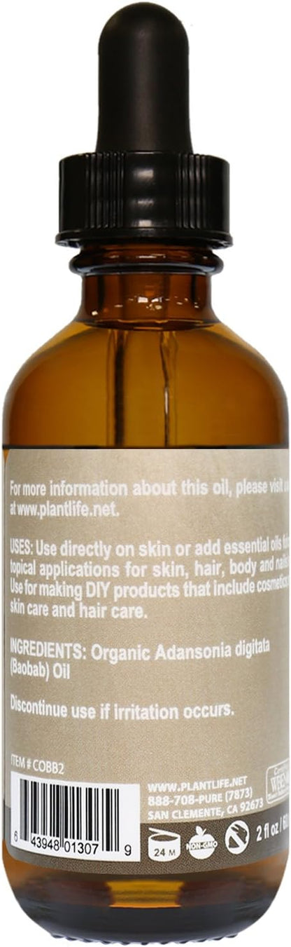 Plantlife Baobab Carrier Oil - Cold Pressed, Non-GMO, and Gluten Free Carrier Oils - for Skin, Hair, and Personal Care - 2 oz