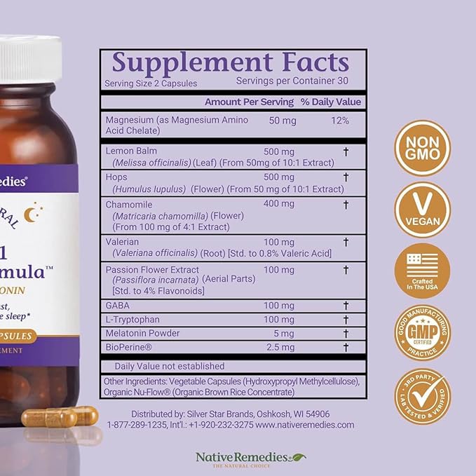 Native Remedies 10-in-1 Natural Sleep Aid for Adults & Kids 4+ – Herbal Sleep Supplement with Melatonin 5mg, Magnesium, Valerian Root, Chamomile & L-Tryptophan – Non-Habit Forming, Vegan, 60 Capsules