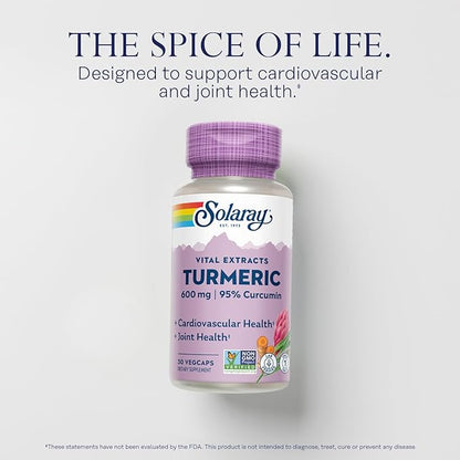 SOLARAY Turmeric Supplement 600mg - Turmeric Root with 95% Curcumin - Joint Support Supplement - Joint Health, Gallbladder and Liver Support, Non-GMO, Vegan, Gluten Free, 60-Day Guarantee, 30 Servings