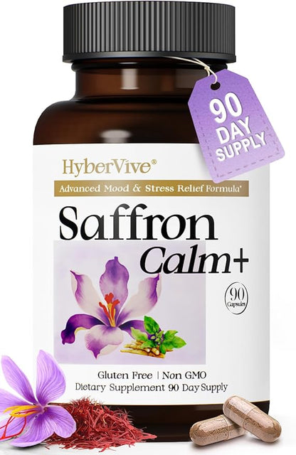 Saffron Supplements with Ashwagandha & L-Theanine - 368.5MG - Mood Balance, Stress Relief & Mental Clarity – Cortisol Support for Women & Men, Made in USA, 90 Vegan Capsules