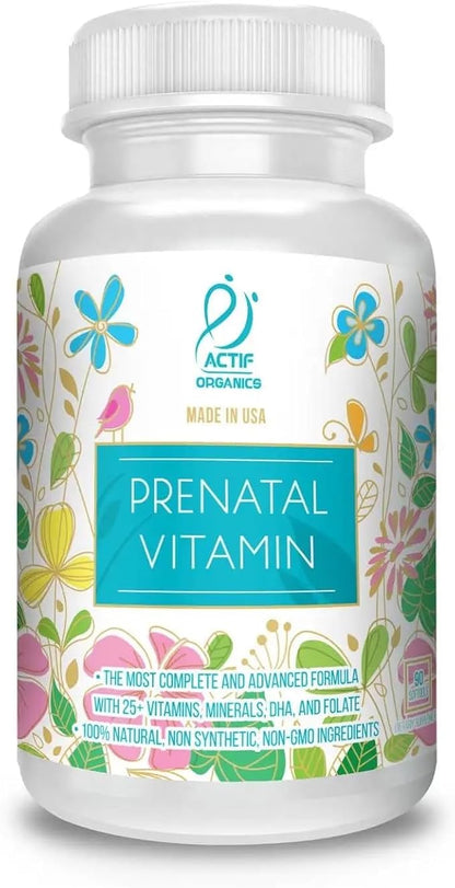 Actif Organic Prenatal Vitamin with 25+ Organic Vitamins, 100% Natural, DHA, EPA, Omega 3, and Organic Herbal Blend - Non-GMO, 90 Count
