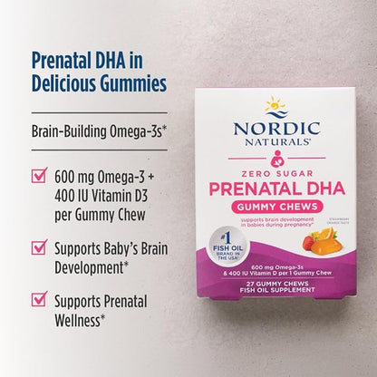Nordic Naturals Zero Sugar DHA Prenatal Vitamin Gummies, Strawberry Orange Flavor - 27 Gummies - Supplements for Pregnancy - 600 mg Omega-3 Fish Oil and 400 IU Vitamin D3-27 Servings