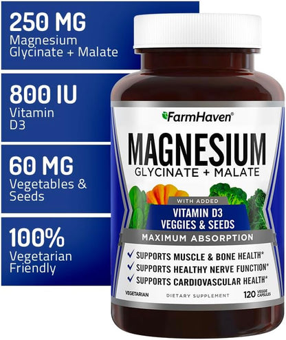 FarmHaven Magnesium Glycinate & Malate Complex w/Vitamin D3, 100% Chelated for Max Absorption- Bone Health, Nerves, Muscles, 240 Capsules, 120 Days