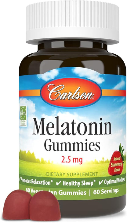 Carlson - Melatonin Gummies, 2.5 mg, Healthy Sleep, Promotes Relaxation, Natural Strawberry Flavor, 60 Gummies