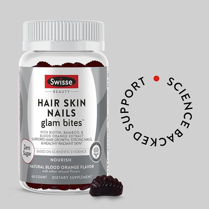Swisse Hair Skin Nails Glam Bites – Biotin, Bamboo & Blood Orange – Supports Hair Growth, Stronger Nails & Radiant Skin – Zero Sugar Gummies for Adults – Natural Blood Orange Flavor, 60 Count