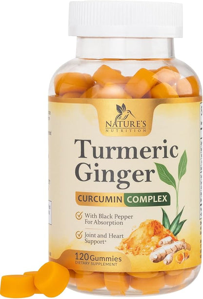Turmeric Curcumin Supplement Gummies - 95% Curcuminoids with Turmeric & Ginger, Black Pepper for Best Absorption, Nature's Vegan Joint Support, Non-GMO, Gluten Free, Tasty Peach Flavor - 120 Gummies