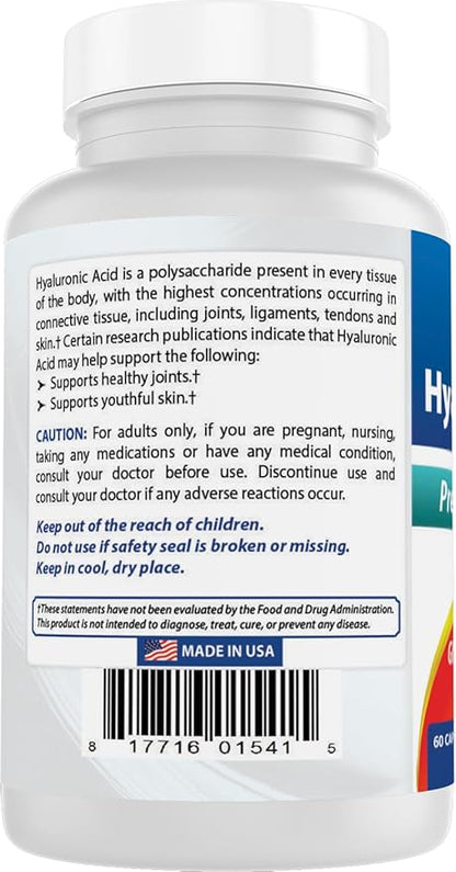 Best Naturals Hyaluronic Acid 100 mg 60 Capsules - Support Healthy Joints and Youthful Skin