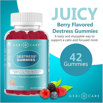 GeriCare DeStress Gummies with GABA, L-Theanine & Lemon Balm Mixed Berry Flavor – 42 Count – Supports Relaxation & Mental Clarity – Non-GMO, Gluten-Free, Vegan