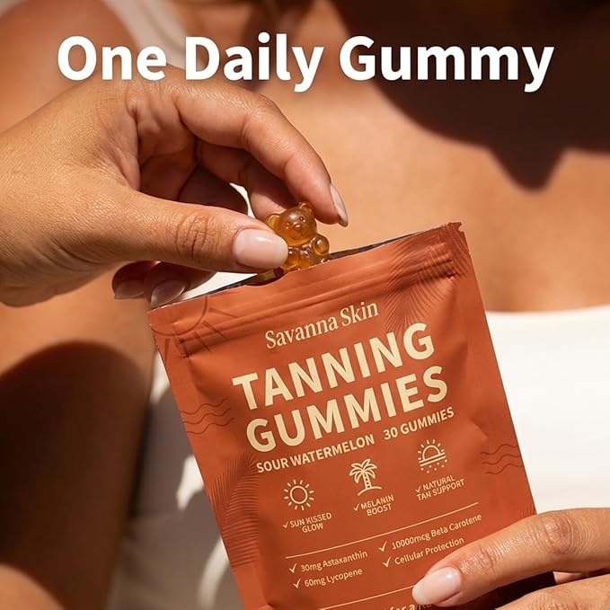 tebazoew Savanna Skin Tanning Gummies, with Astaxanthin, Beta-Carotene, Lycopene & Vitamins, Radiant Healthy Skin Natural Looking Glow, Bronzing, Non-GMO & Vegan