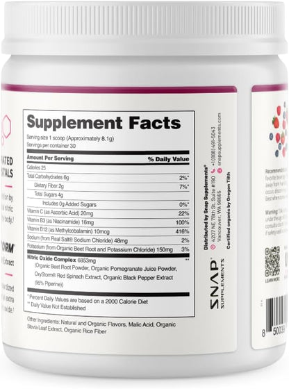 Snap Supplements Organic Beet Root Powder Nitric Oxide Supplement for Men & Women, Red Spinach & Pomegranate, Supports Healthy Energy & Blood Pressure Already in Normal Range, 30 Servings, Mixed Berry