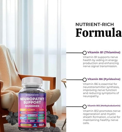 Sugar Free Neuropathy Support Gummies for Nerve – Enhanced Nerve Health, Regeneration, Cognitive Support with Vitamin B1, B6, B12, Magnesium, ALA, Turmeric, CoQ10 & More