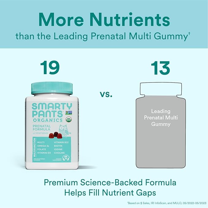 SmartyPants Organic Prenatal Vitamins for Women, Multivitamin Gummies: Biotin, Methylfolate, Omega 3 (ALA), Vitamin D3, C, Vitamin B12, B6, A, K2 & Zinc, Choline, Vegetarian, 180 Count (45 Day Supply)