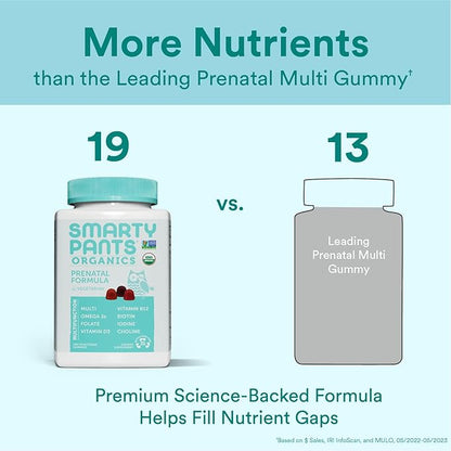 SmartyPants Organic Prenatal Vitamins for Women, Multivitamin Gummies: Biotin, Methylfolate, Omega 3 (ALA), Vitamin D3, C, Vitamin B12, B6, A, K2 & Zinc, Choline, Vegetarian, 180 Count (45 Day Supply)