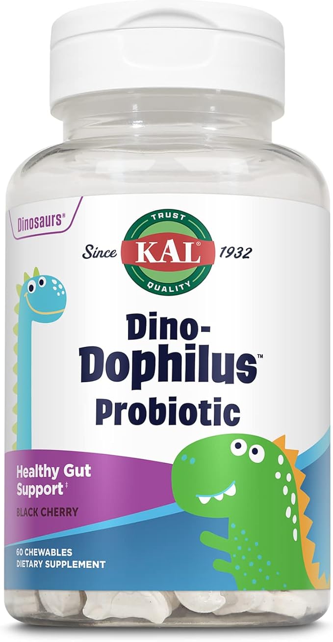 KAL DinoDophilus Probiotics for Kids - Chewable Kids Probiotic with 2 Billion CFU for Children's Gut Health and Digestion Support - Natural Black Cherry Flavor, 60 Chews