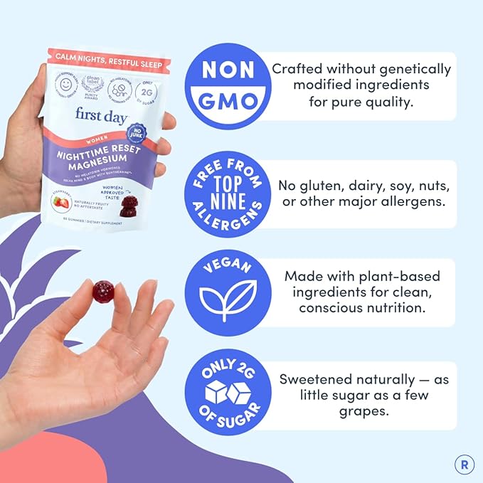 First Day Women’s Nighttime Reset Calming Magnesium Gummies – Sleep Aid Supports Peaceful Rest, Balanced Mood & Energy – Supplement with Magnesium Citrate, L-Theanine & No Melatonin – 60-Day Supply
