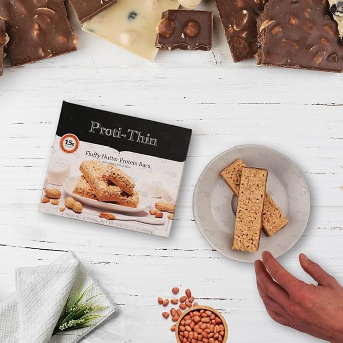 Proti-Thin Fluffy Nutter Protein Bars, 15g Protein, Low Calorie, Very Low Carb (VLC), Low Fat, High Fiber Snack Bar, KETO Diet Friendly, Ideal Protein Compatible, No Gluten Ingredients, 7 /Box